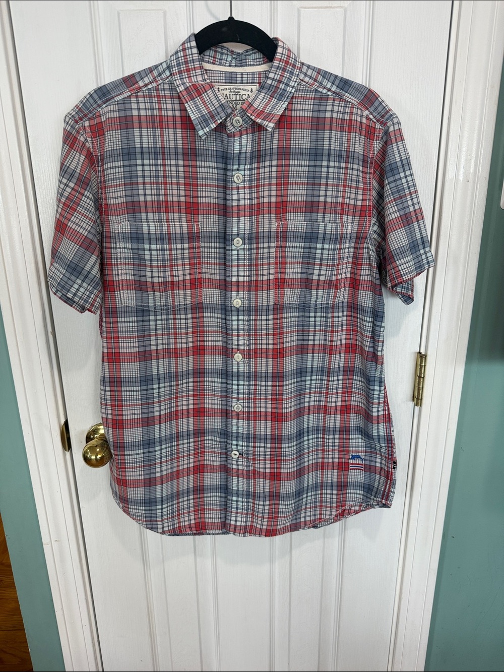 Nautica Men’s Short-Sleeve Plaid Button-Down - Red & Blue